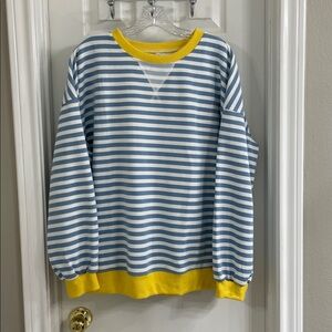 Anrabess Oversized Striped Sweatshirt Blue & White with Yellow Trim Size M
